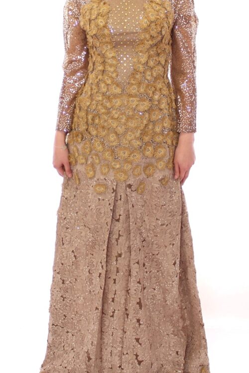 Lanre Da Silva Ajayi Exquisite Gold Lace Maxi Dress with Crystals