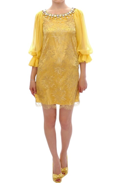 Dolce & Gabbana Yellow Lace Crystal Embellished Mini Dress