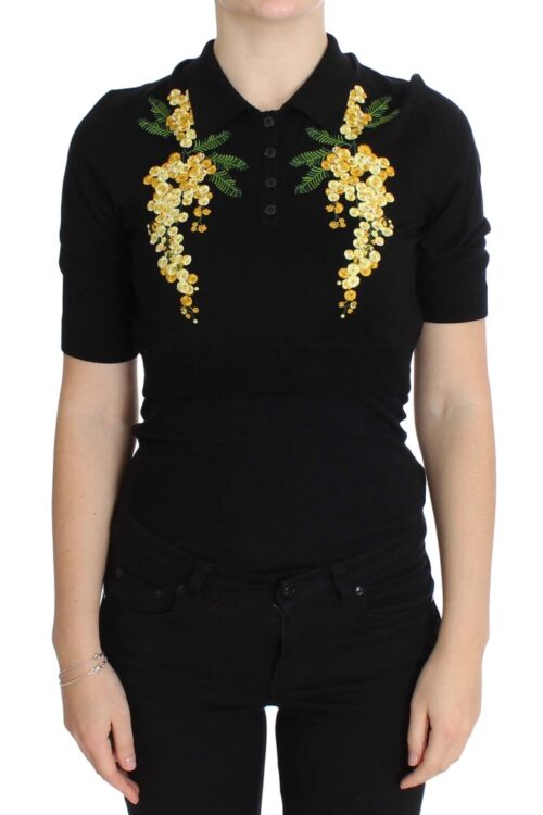 Dolce & Gabbana Elegant Black Silk Floral Polo Top