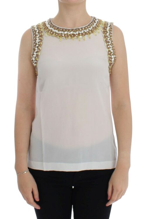 Dolce & Gabbana Elegant Sleeveless Silk Blouse with Crystal Embellishment