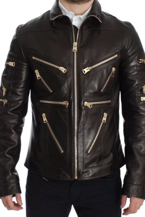 Dolce & Gabbana Elegant Brown Gold-Detailed Leather Jacket