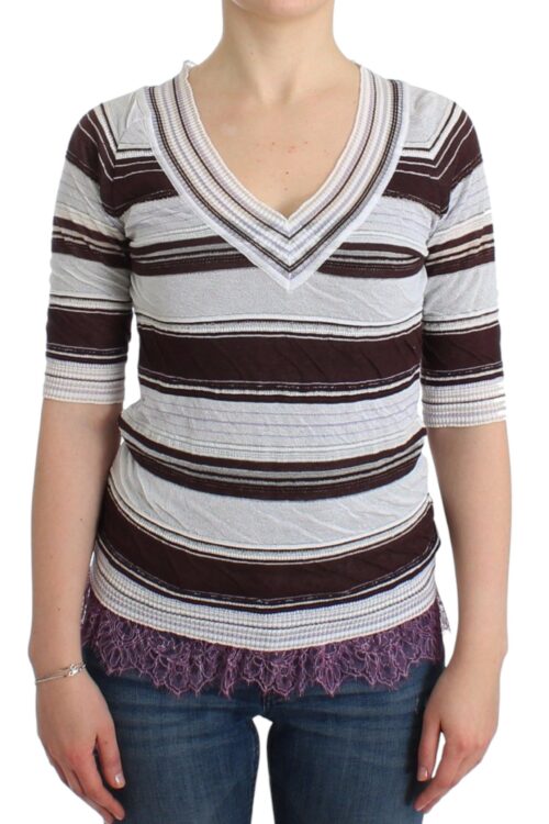 Ermanno Scervino Striped V-Neck Knit Top with Lace Hem