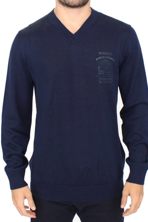Ermanno Scervino Elegant Blue V-Neck Wool Blend Pullover