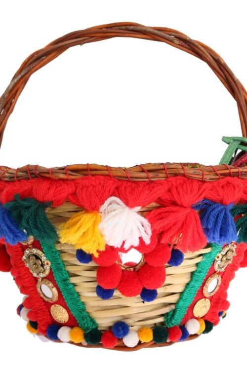 Dolce & Gabbana Elegant Beige Straw & Exotic Skins Pom Pom Tote