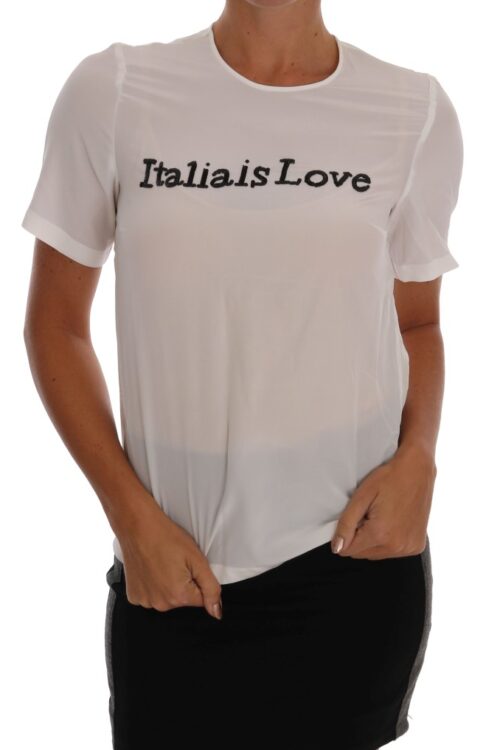 Dolce & Gabbana Silk Sequined ‘Italia Is Love’ White Blouse
