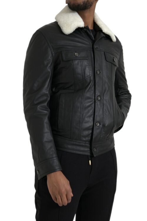 Dolce & Gabbana Black Leather Fur Collar Biker Coat Jacket