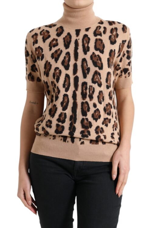 Dolce & Gabbana Elegant Beige Leopard Turtleneck Wool Top