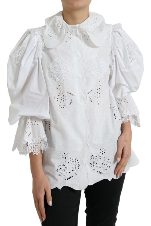 Dolce & Gabbana Elegant White Lace Trim Blouse Top