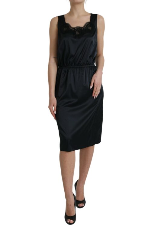 Dolce & Gabbana Black Polyester Lace Trim Sheath Midi Dress