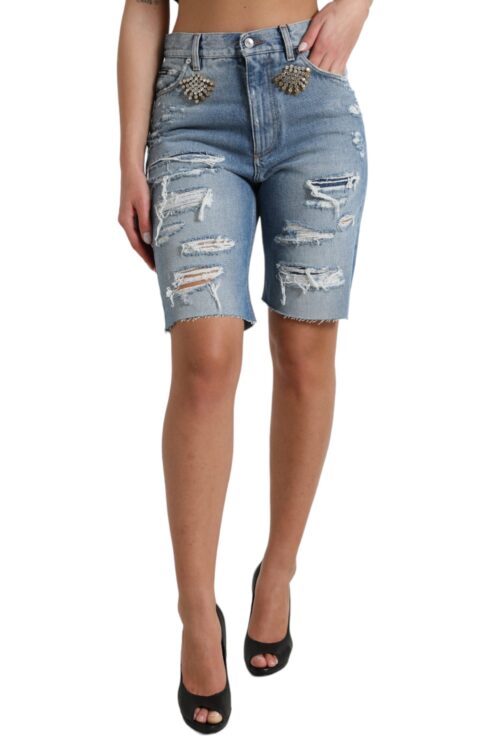 Dolce & Gabbana High Waist Embellished Bermuda Denim Shorts