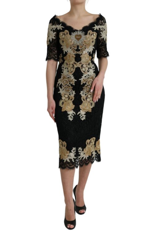 Dolce & Gabbana Black Floral Lace Cotton Sheath Midi Dress