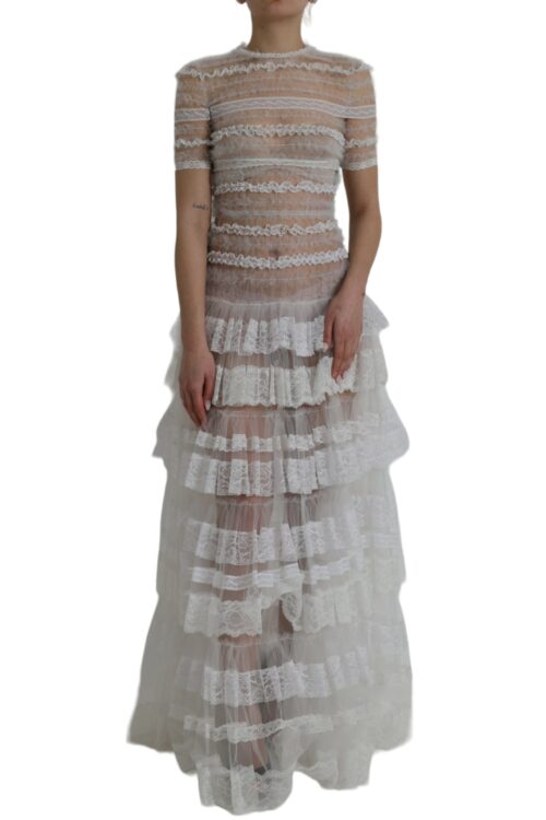 Dolce & Gabbana White Nylon Sheer Tiered Lace Maxi Dress