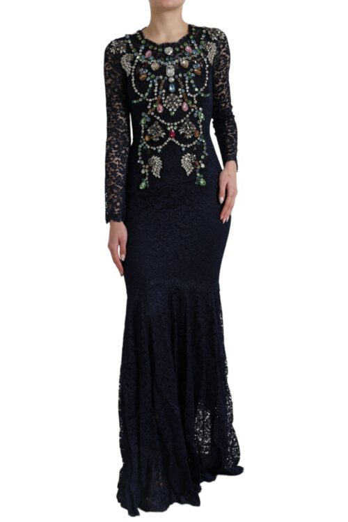 Dolce & Gabbana Crystal Embellished Navy Blue Flare Dress
