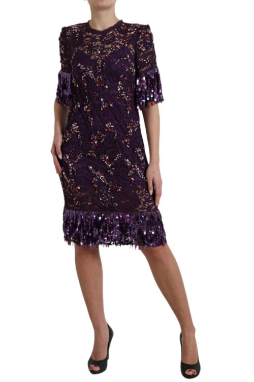 Dolce & Gabbana Elegant Purple Floral Lace Crystal Dress