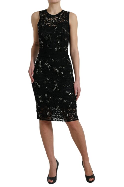 Dolce & Gabbana Exquisite Black Floral Lace Crystal Sheath Dress