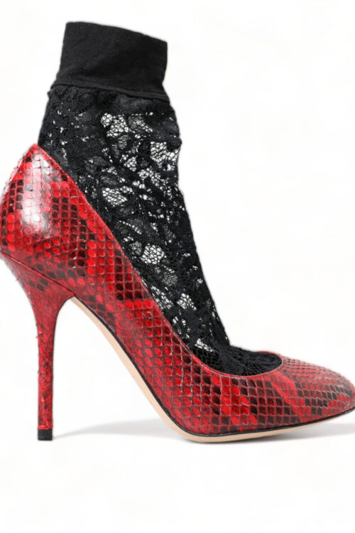 Dolce & Gabbana Red Almond Toe Snakeskin Pumps with Lace Socks