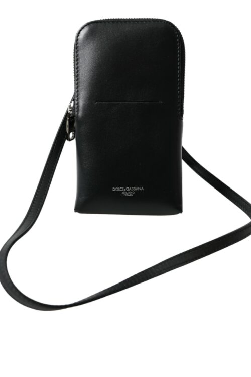 Dolce & Gabbana Black Leather Zip Around Logo Print Lanyard Strap Wallet