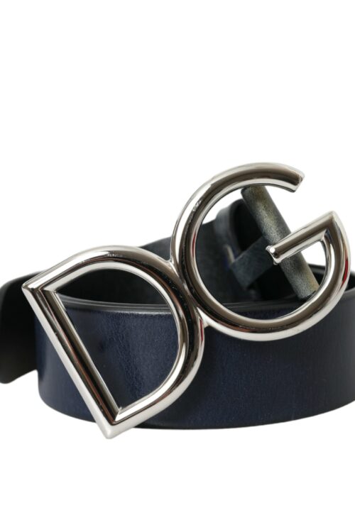 Dolce & Gabbana Blue Leather Silver Metal Logo Buckle Belt Men