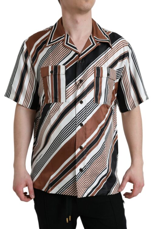Dolce & Gabbana Brown White Silk Striped Short Sleeve Shirt
