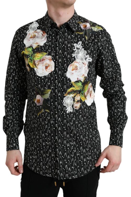 Dolce & Gabbana Black Floral Men Formal Dress GOLD Shirt