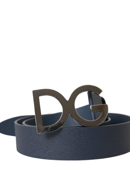 Dolce & Gabbana Blue Leather Silver Logo Metal Buckle Belt
