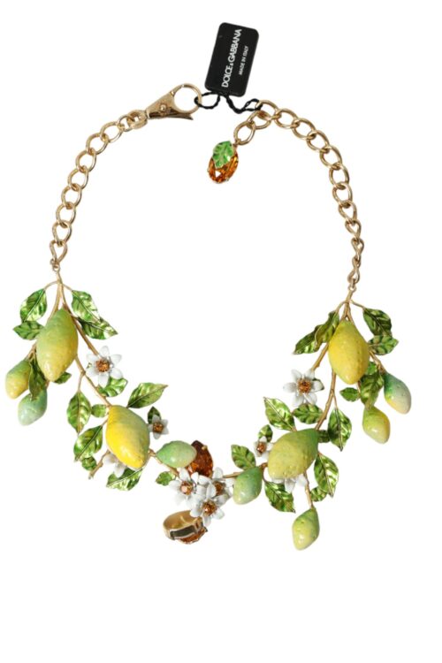 Dolce & Gabbana Gold Brass Chain Crystal Lemon Lily Pendant Necklace