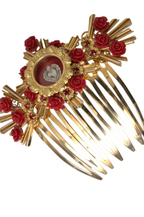 Dolce & Gabbana Gold Brass Crystal Heart Floral Hair Comb