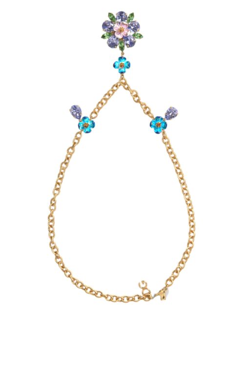 Dolce & Gabbana Gold Brass Chain Crystal Floral Pendant Charm Necklace