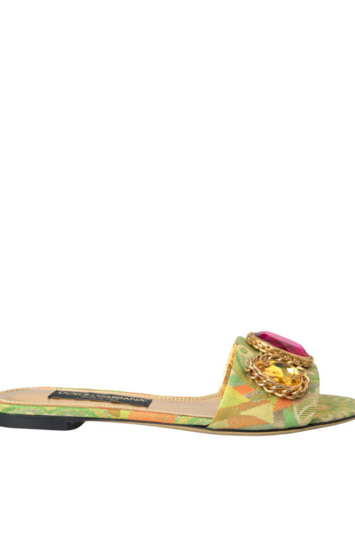 Dolce & Gabbana Green Crystal Jacquard Flats Sandals Shoes