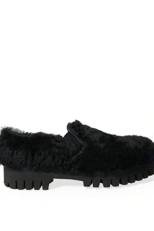 Dolce & Gabbana Elegant Black Fur Slip On Loafers for Men