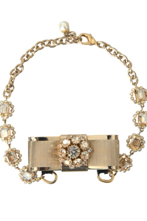 Dolce & Gabbana Gold Brass Clear Crystal Bow Chain Choker Necklace