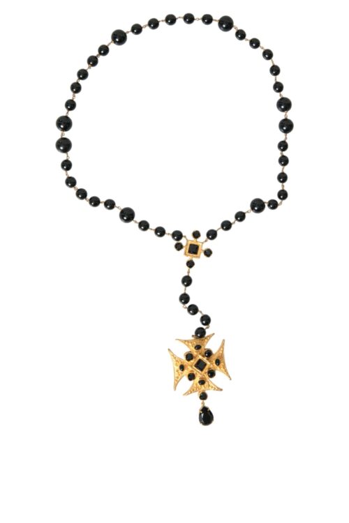 Dolce & Gabbana Gold Tone Brass Cross Black Beaded Chain Rosary Necklace