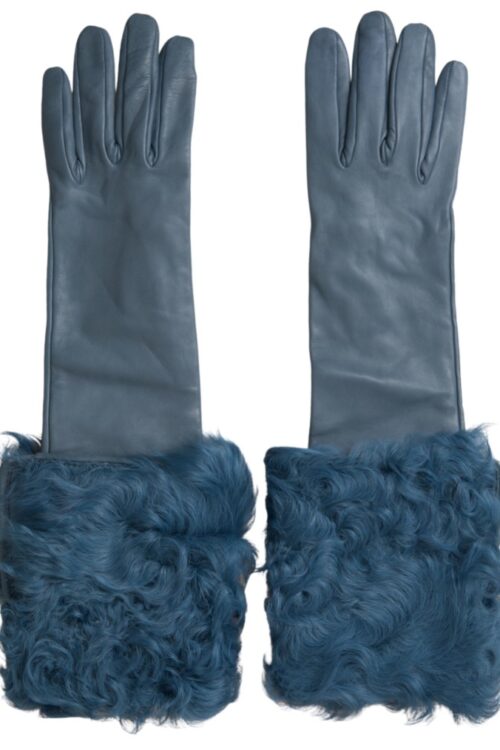 Dolce & Gabbana Elegant Blue Leather Gloves with Fur Trim