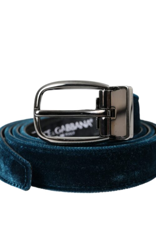 Dolce & Gabbana Blue Velvet Leather Silver Metal Buckle Belt