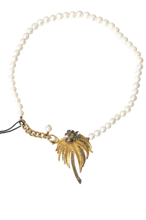 Dolce & Gabbana Gold Brass Crystal Pearl Tree Pendant Charm Necklace