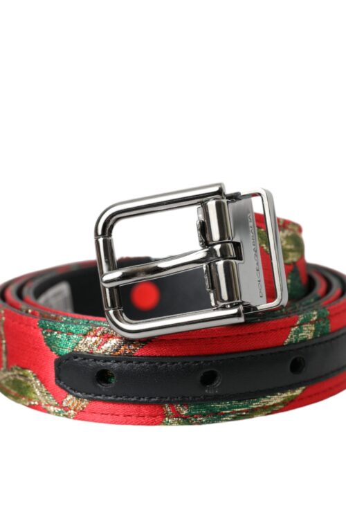 Dolce & Gabbana Red Leather Jacquard Silver Metal Buckle Belt