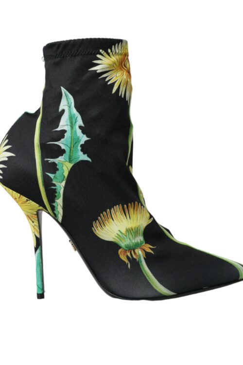 Dolce & Gabbana Black Floral Jersey Stretch Ankle Boots Shoes
