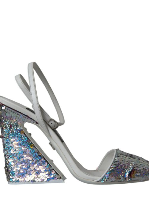 Dolce & Gabbana White Silver Sequin Ankle Strap Sandals Shoes