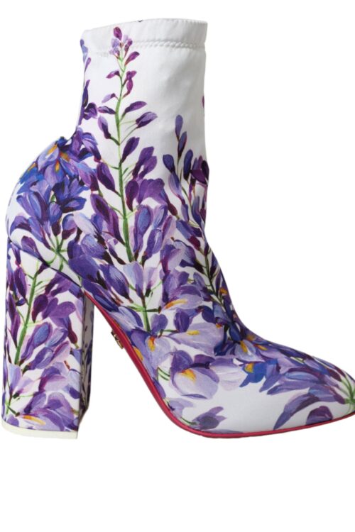 Dolce & Gabbana White Floral Jersey Stretch Boots Shoes
