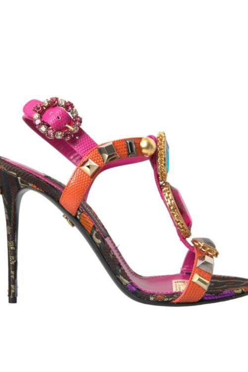 Dolce & Gabbana Pink Jacquard Crystals Sandals Heels Shoes
