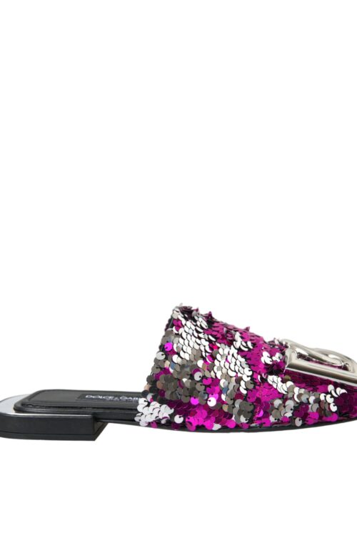 Dolce & Gabbana Fuchsia Sequin Logo Slides Sandals Shoes