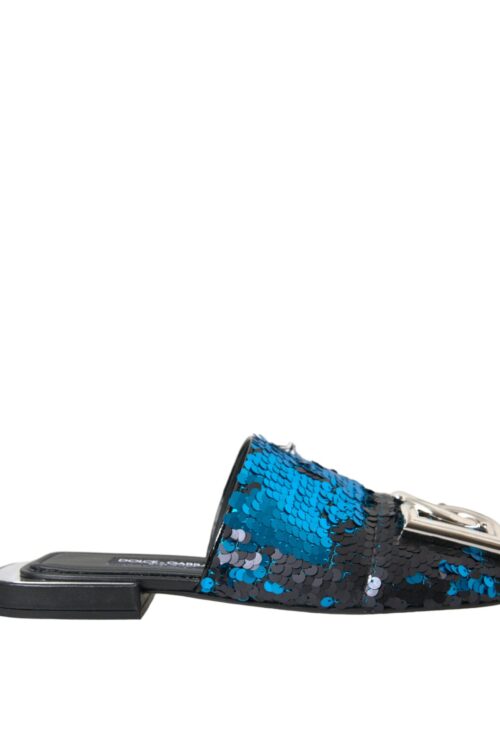 Dolce & Gabbana Blue Sequin Logo Slides Sandals Shoes
