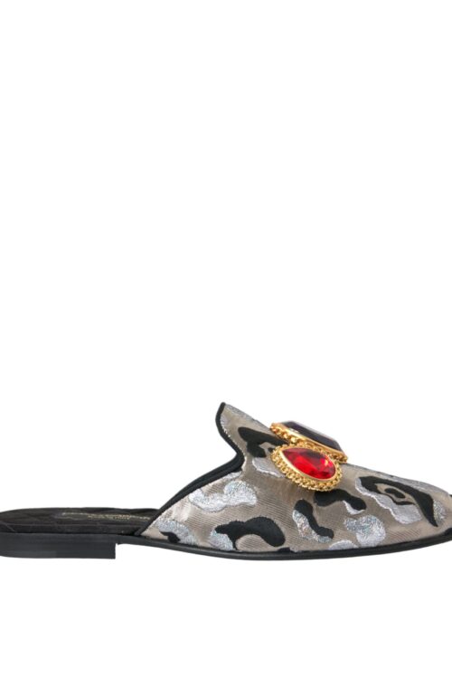 Dolce & Gabbana Gray Jacquard Crystal Mule Flat Sandals Shoes