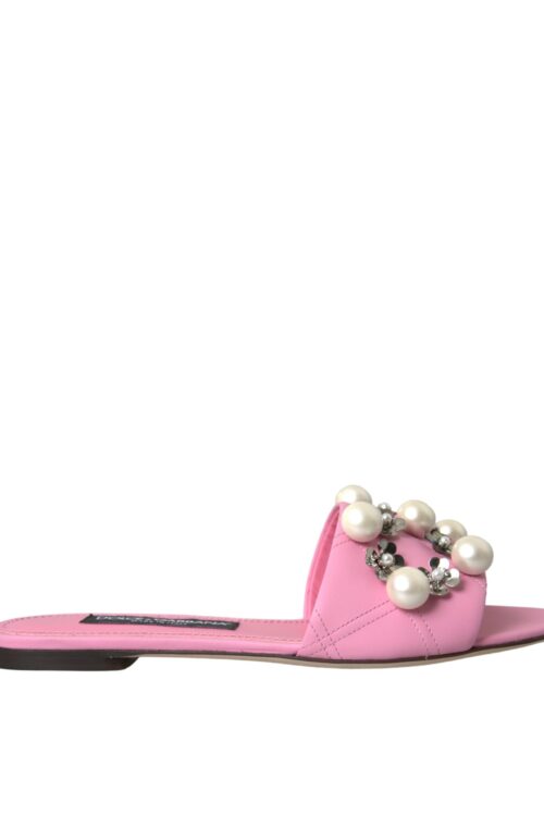 Dolce & Gabbana Pink Embellished Leather Flats Sandals Shoes