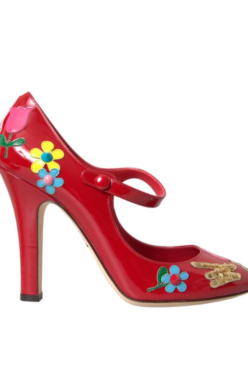 Dolce & Gabbana Red Leather Embellished Mary Jane Pumps Heels Shoes