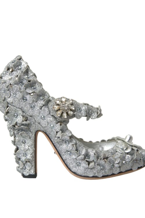 Dolce & Gabbana Silver Floral Crystal Mary Jane Pumps Shoes