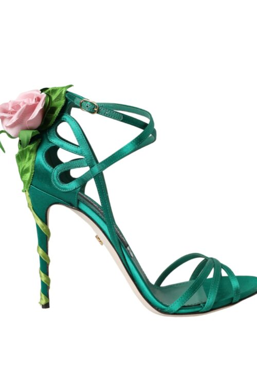 Dolce & Gabbana Green Flower Satin Heels Sandals Shoes