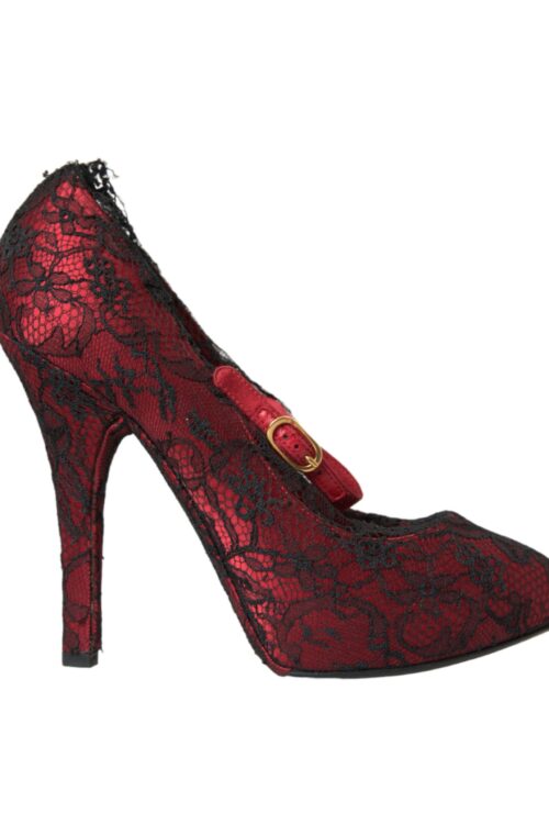 Dolce & Gabbana Red Black Floral Lace Mary Jane Pumps Shoes
