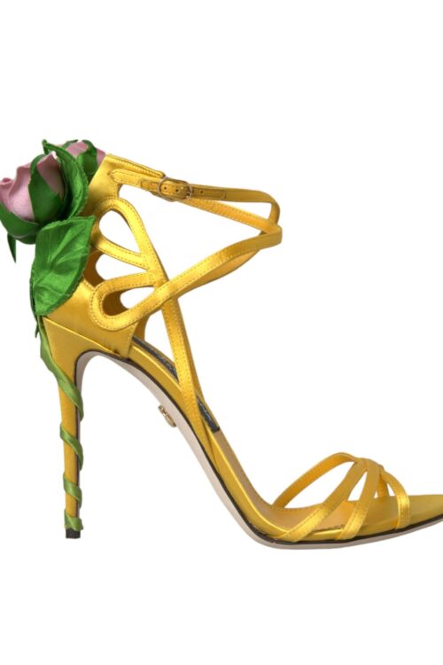 Dolce & Gabbana Yellow Flower Satin Heels Sandals Shoes