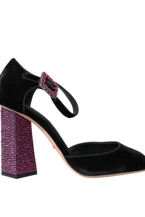 Dolce & Gabbana Black Velvet Strass Crystal Mary Janes Shoes
